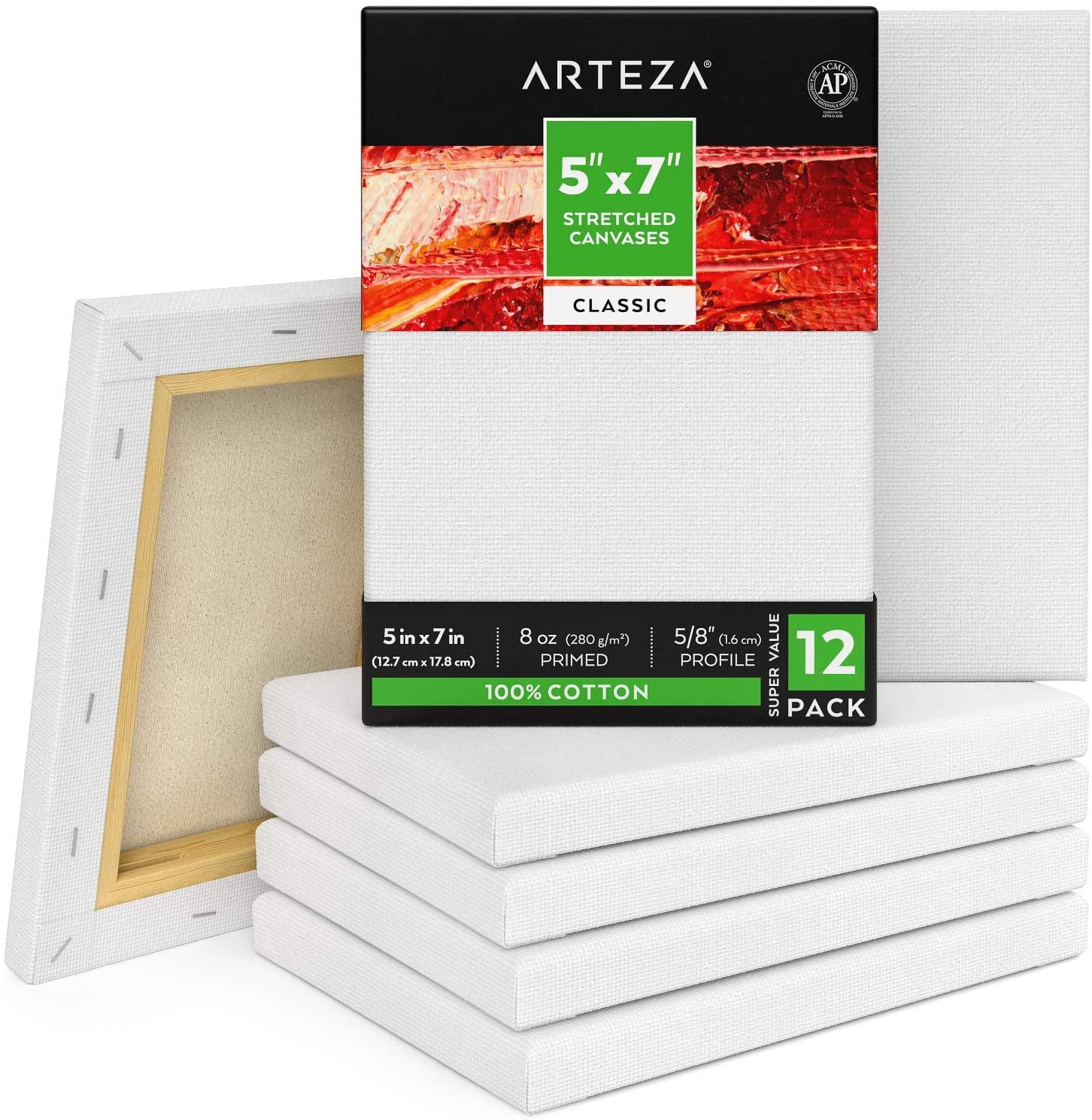 Arteza Stretched Canvas, Classic, White, 5"x7", Blank Canvas Boards for