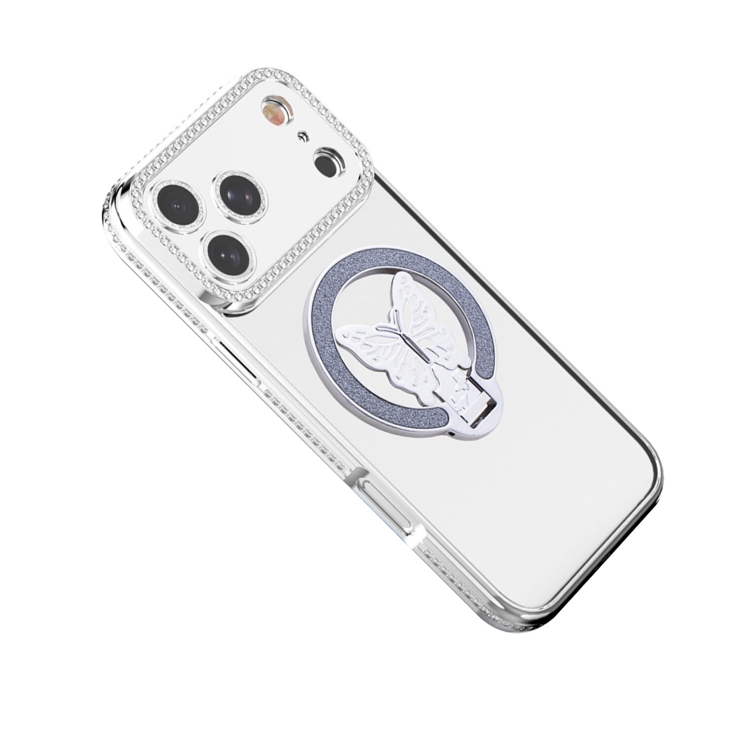 Stylish Shiny Butterfly Stand Case for iPhone 17 Pro - Silver