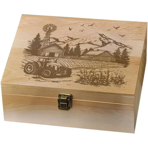 Farm Theme Wooden Memory Keepsake Box Farmhouse Mountains Metal Knot Box with Hinged Lid and Lock Decorative Storage Box Stash Box for Photo Letter Souvenir Jewelry 7.6x9.6x4inch