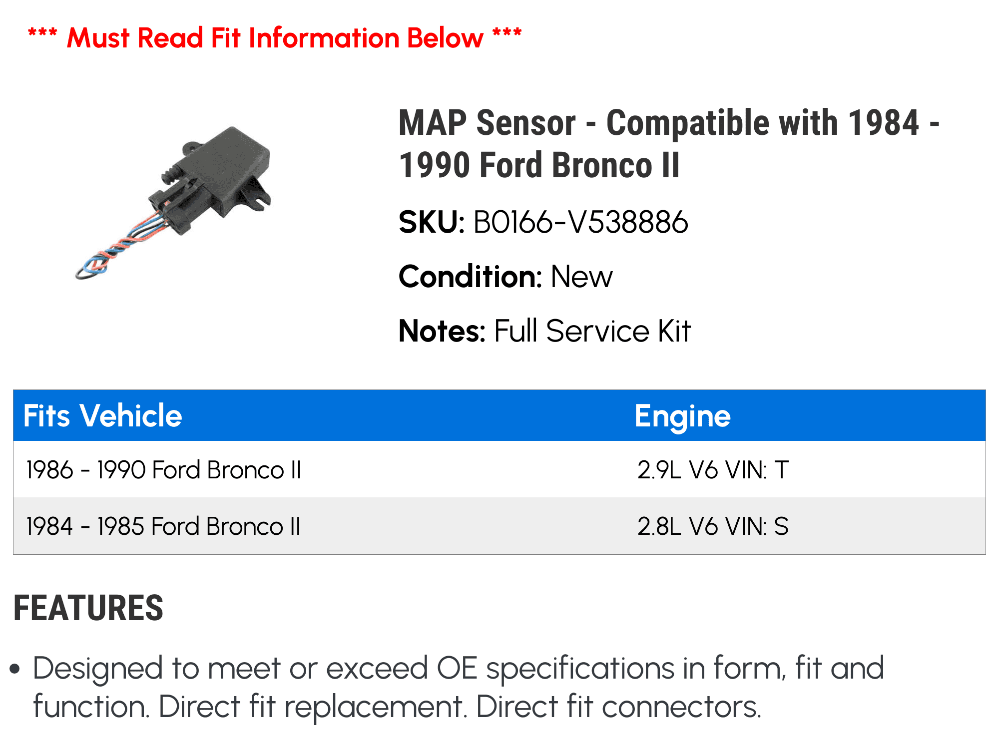 MAP Sensor - Compatible with 1984 - 1990 Ford Bronco II 1985 1986 1987 1988 1989
