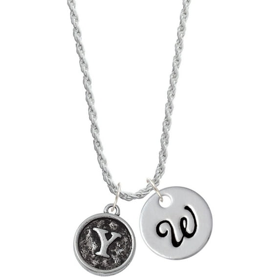 Delight Jewelry Silvertone Antiqued Round Seal - Initial - Y - Silvertone Script Initial Disc - W - Charm Necklace, 20"+3"