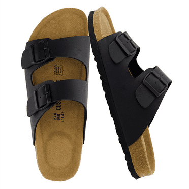 Cushionaire Lane Cork Footbed Mens Sandals, Adjustable Buckle Comfort Slides for Men, Genuine Leather Insole Summer Sandals Men Footwear with Supportive EVA Sole