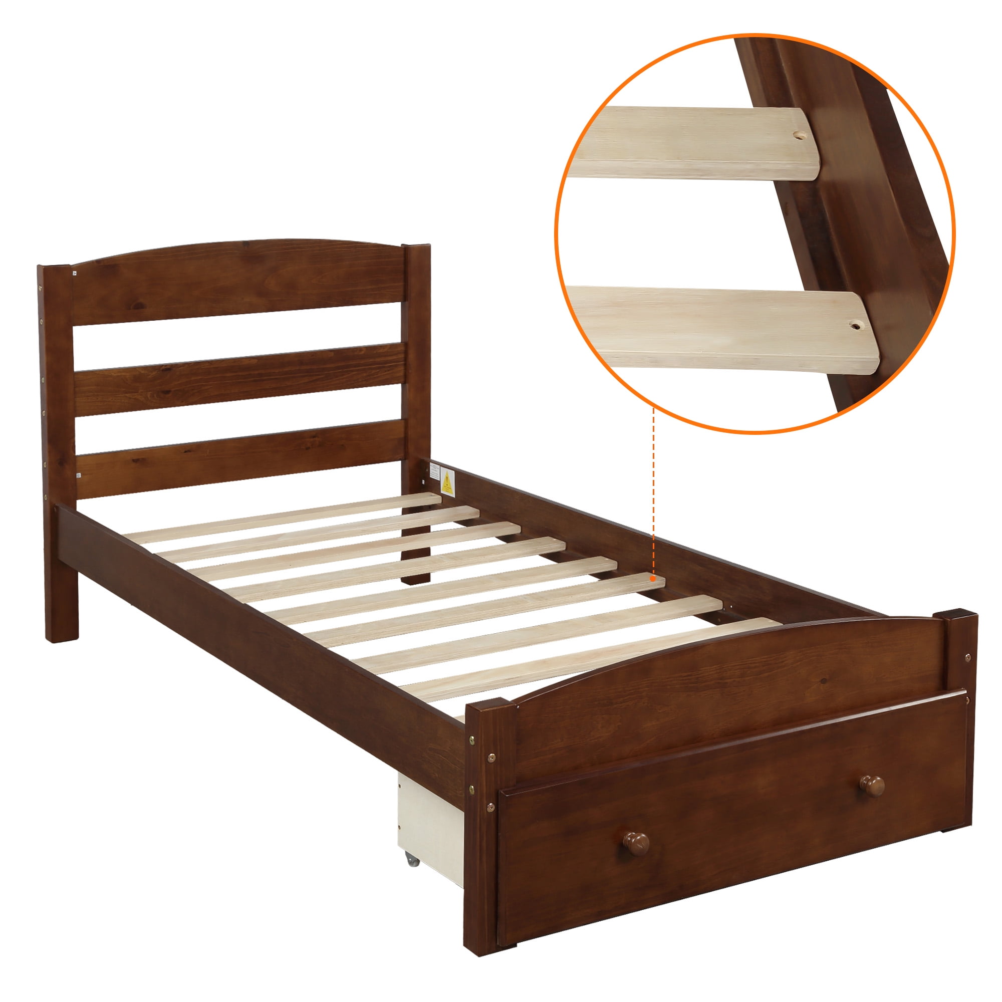 Kepooman Twin Size Modern Bed Frame with Storage Drawer, 79.5”L X 41.3”W X 36.1”H, Walnut Kepooman Twin Size Modern Bed Frame with Storage Drawer, 79.5”L X 41.3”W X 36.1”H, Walnut