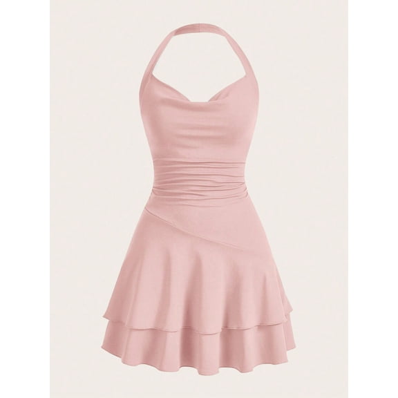 Dusty Pink Womens Slim Fit Ruched Halter Mini Dress With Tiered Flounce Skirt