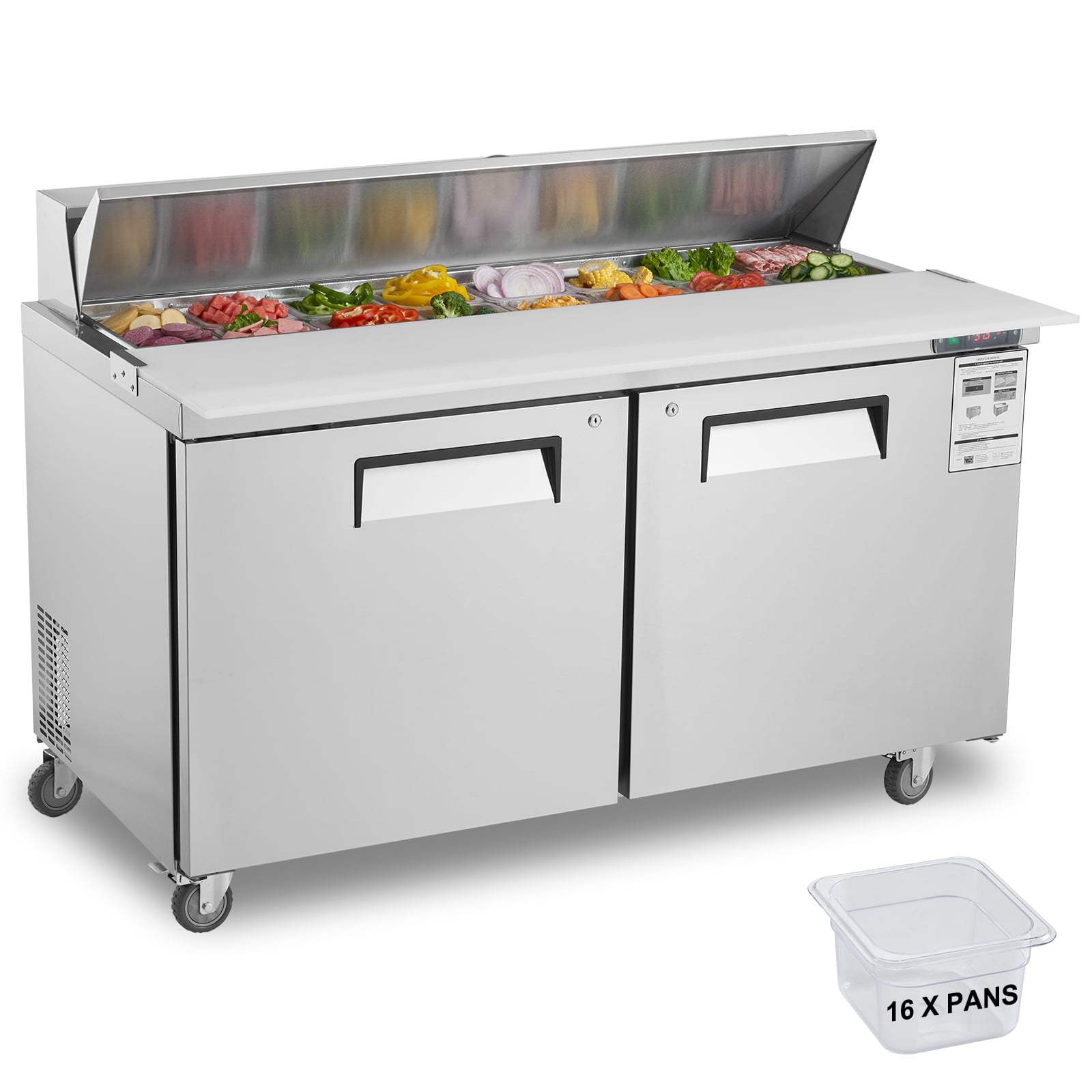 KFFKFF 60" Professional Fridge for Sandwich & Salad Preparation, 16.4 Cu. Ft Stainless Steel Chilled Food Preparation Area with 16 Trays, Cutting Board, Defrosting Refrigerator with Lock