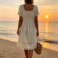 thumbnail image 5 of Lcziwo Womens Lace Patch Cotton Dresses Cotton Short Sleeve Casual Loose Dress Square Neck Summer Beach Vacation Sundress Beige,S, 5 of 8