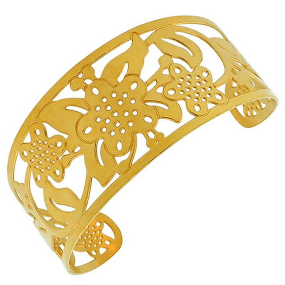 Stainless Steel Wide Open End Floral Design Bracelet