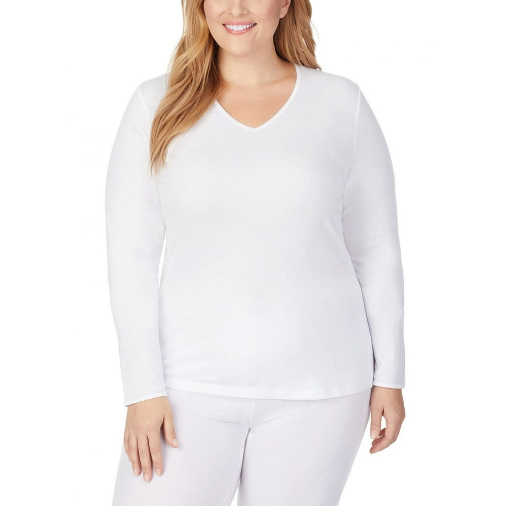 Cuddl Duds Women's Softwear Lace Edge Long Sleeve VNeck Plus Size