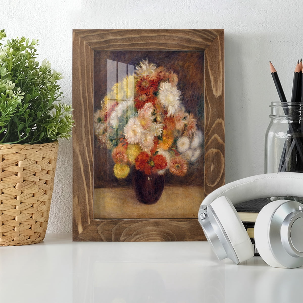 Bouquet of Chrysanthemums -Framed Print w/glass-Walnut