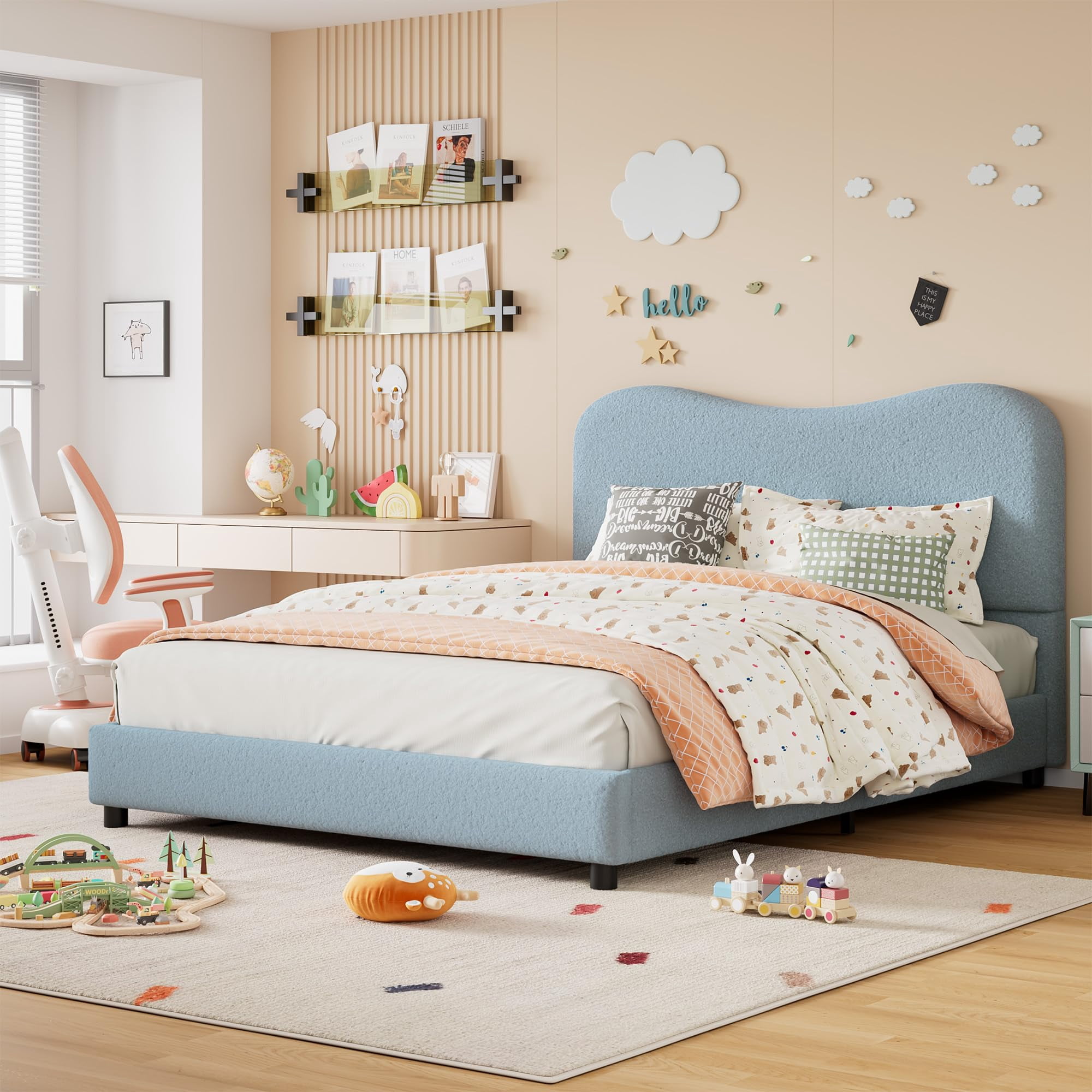 Twin/Full/Queen Size Velvet Upholstered Bed Frame with Boucle Headboard, Soft Rounded Corners Platform Bed with Low Profile Sturdy, Heavy Duty, Wooden Slats, Noise Free, Easy Assembly