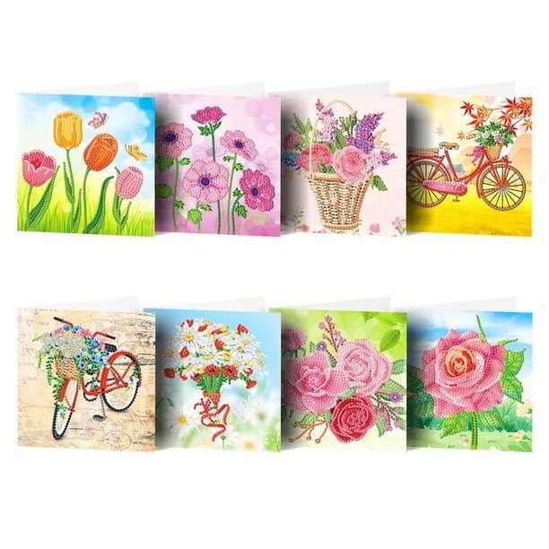 Nuevo juego de 8 tarjetas de felicitación con pintura de diamantes, tarjetas de felicitación, bordado de diamantes, deseos florales, regalo DIY