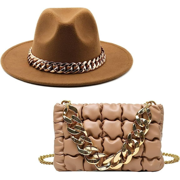 LINLIN Chain Brim Felt hat Bag Set, Fedora Hat Unisex Wide Brim Jazz Hat Gentleman Hat Panama Hat for Men & Women