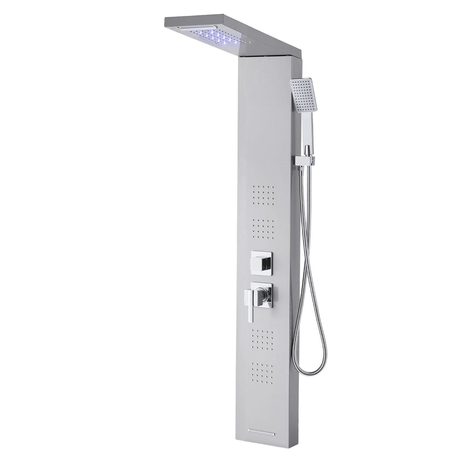 KFFKFF Shower Panel Tower System, Incorporating Rainfall Waterfall Shower Head, LED, 53 in Brushed Stainless Steel Shower Column, 5-Function Faucet, Wall-Installed Rain Massage System