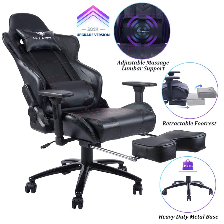 JONPONY Massage Gaming Chair with Footrest and 350LBS Metal Base,Thickened Seat  Cushion,2D Adjustable Armrest, Big and Tall Ergonomic Office Computer Chair,Black  