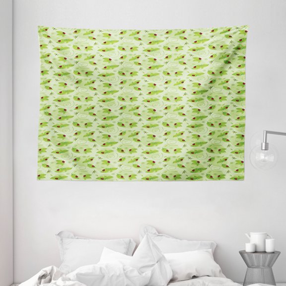 Ladybug Tapestry, Ladybugs on Leaves with Abstract Dragonflies Seasonal Foliage, Wall Hanging for Bedroom Living Room Dorm Decor, 80W X 60L Inches, Green Pale Green and Vermilion, by Ambesonne