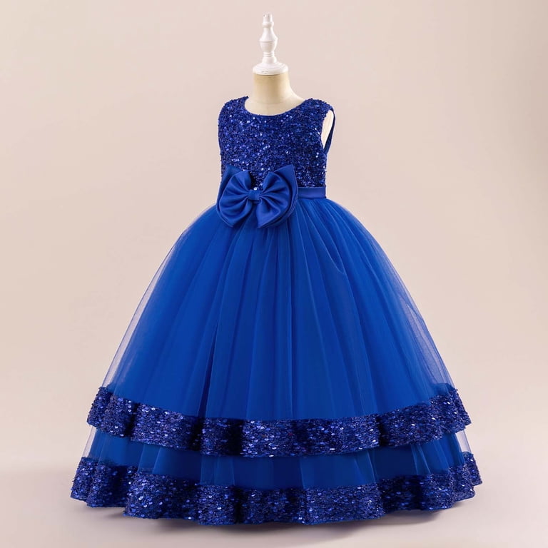 Tbwnwg Kids formal Dresses for Girls,Girls' Sequined Bow Princess Evening Gown Long Sleeve Party Dress,Size 8-9 Years, Girl's, Blue