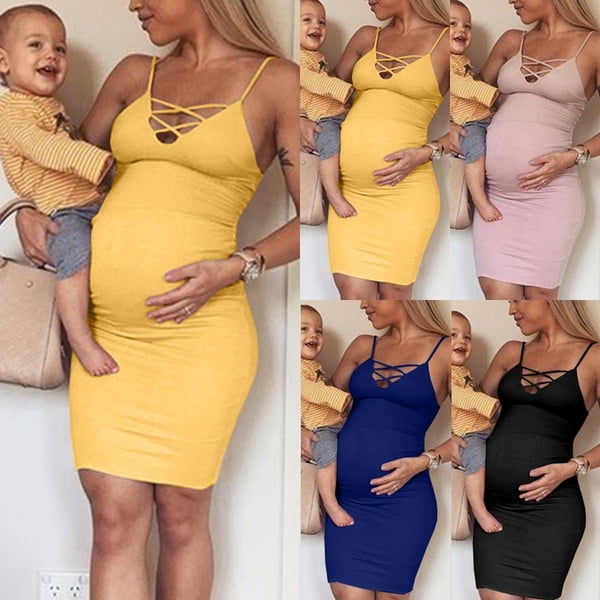 SDGF Womens Maternity Pregnancy Sleeveless O-Neck Solid Color Dress