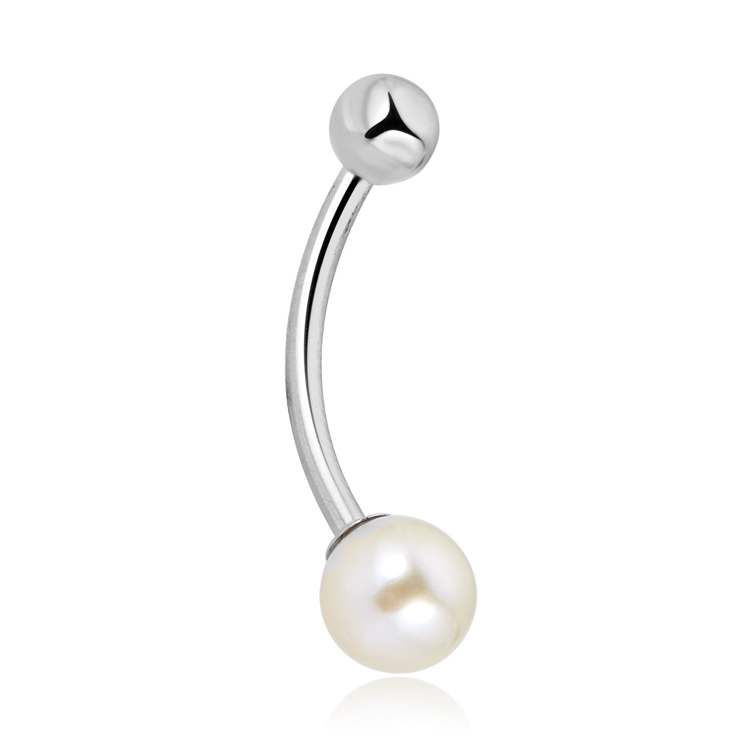 AVORA 10K White Gold Freshwater Pearl Belly Button Ring Body Jewelry (14 Gauge)  - Size 0