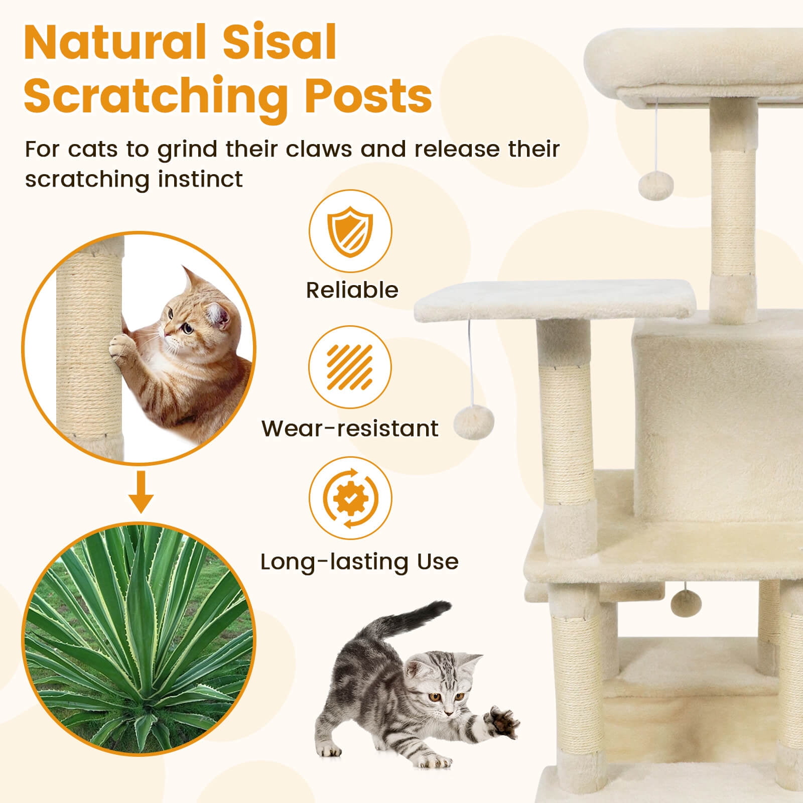Costway 58” Tall Multi-level Cat Tree with Upholstered Perch & Cat Condo, Comfy Hammock Beige