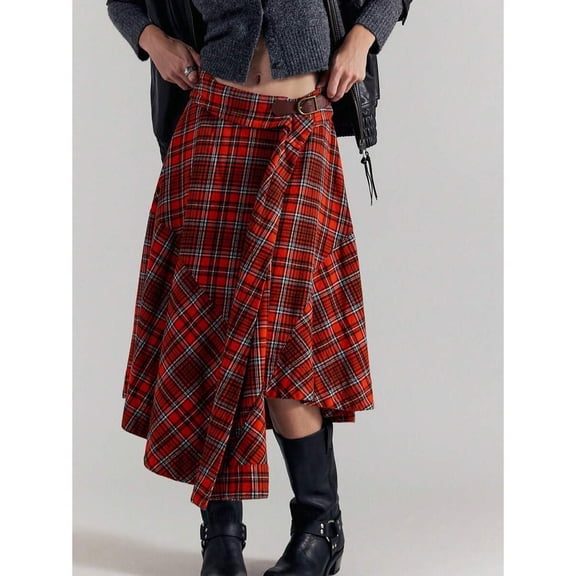 Red Asymmetrical Midi Plaid Skirt For Women Casual Streetwear Wrap Style