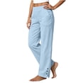 thumbnail image 6 of Women Cotton Linen Cropped Straight Leg Pants for Women, Elastic High Waist Side Slit Button Design with Pockets, Light Capri Trousers for Summer Beach Casual | TruHer,Light Blue S, 6 of 7