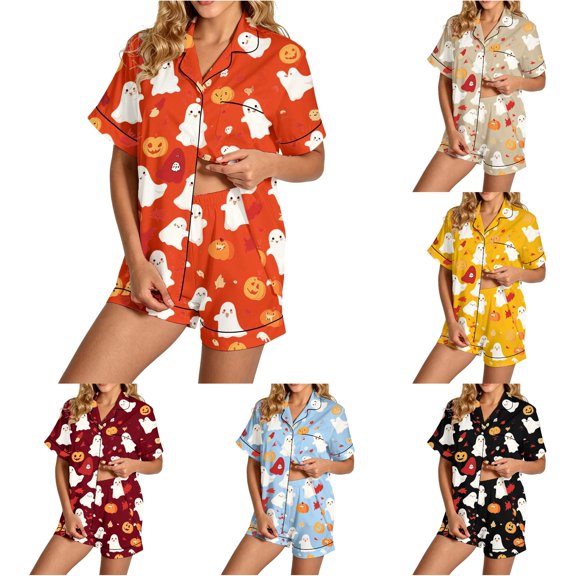 RMGVDSD Women's Halloween Pajama Sets Cute Print Pajamas Shorts Set, 2 Piece Button Down Loungewear, Short Sleeve Sleepwear Nightwear Relaxed Fit Home Clothes
