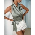 thumbnail image 5 of Women'S Satin Blouse Wrap V Neck Sleeveless Tie Side Summer Elegant Crop Tops Mint Green S, 5 of 7