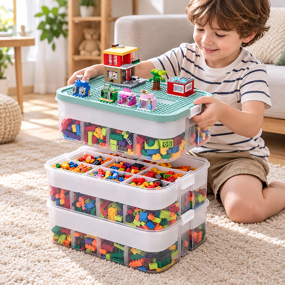 Plastic Storage Organizer for Lego Box Kids Child Toy Stackable Containers with Lids Bins 3 Layers Adjustable Compartments Building Blocks Chest Case