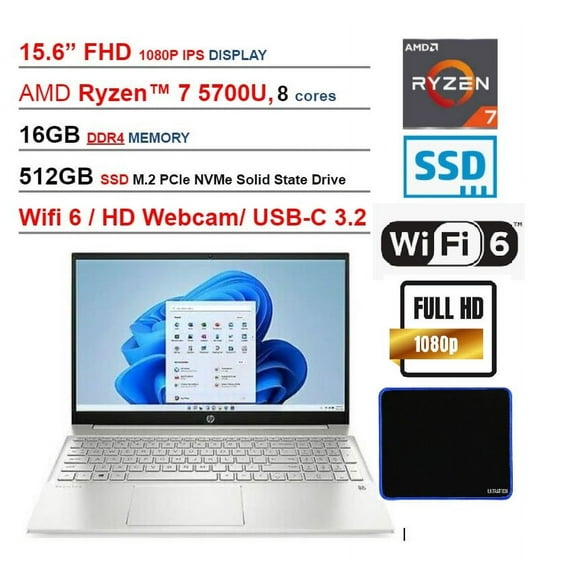Newest Flagship HP 15.6" IPS FuLL HD Laptop/ AMD Ryzen 7 5700U (Beat i7-10750H)/ 16G RAM DDR4/ 512GB SSD/ Webcam/ WiFi 6/ Bluetooth/ Win 11 with UltraTech Mouse Pad Bundled