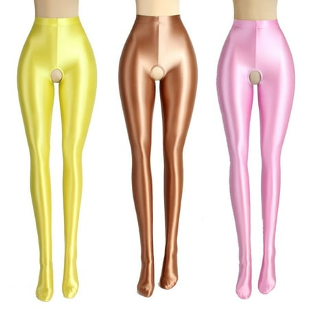 

New sexy Satin women fitness silky glossy oily Open Crotch work out leggings pantyhose high waist sports yoga tight pants MEN