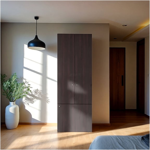 JERFIT 3-Door Wardrobe Closet Organizer with 4 Shelves, Freestanding Storage Cabinet for Bedroom, Modern Walnut Finish