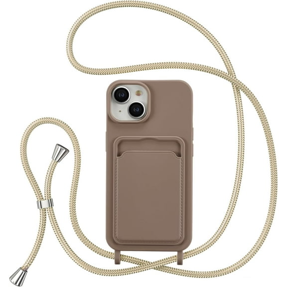 Crossbody Case for iPhone 13/iPhone 14 with Card Holder,Shockproof Liquid Silicone Case with Adjustable Rope Lanyard Strap for iPhone 13/14 6.1 inch,Brown