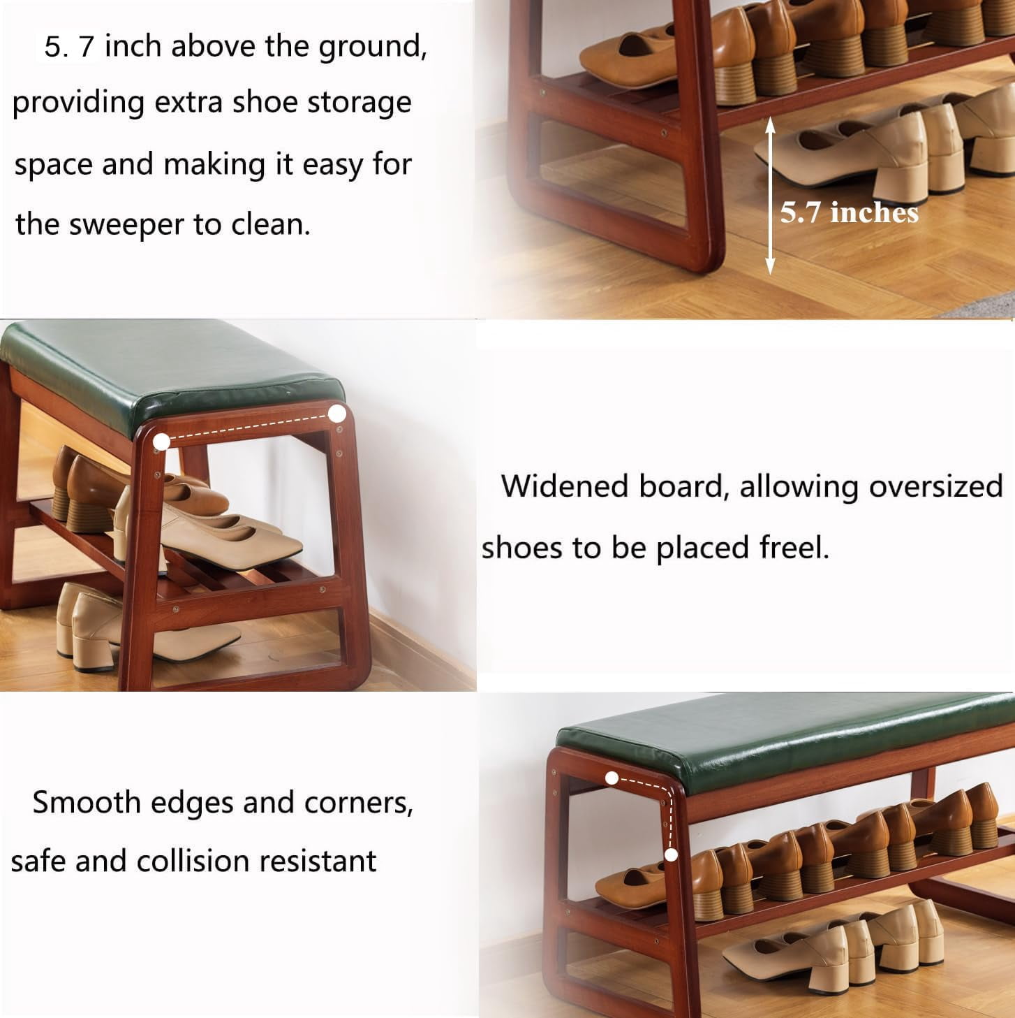 Solid Wood Shoe Bench, 2-Tier Wooden Entryway Bench, Modern Shoe Rack with Faux Leather Cushion for Hallway, Living Room