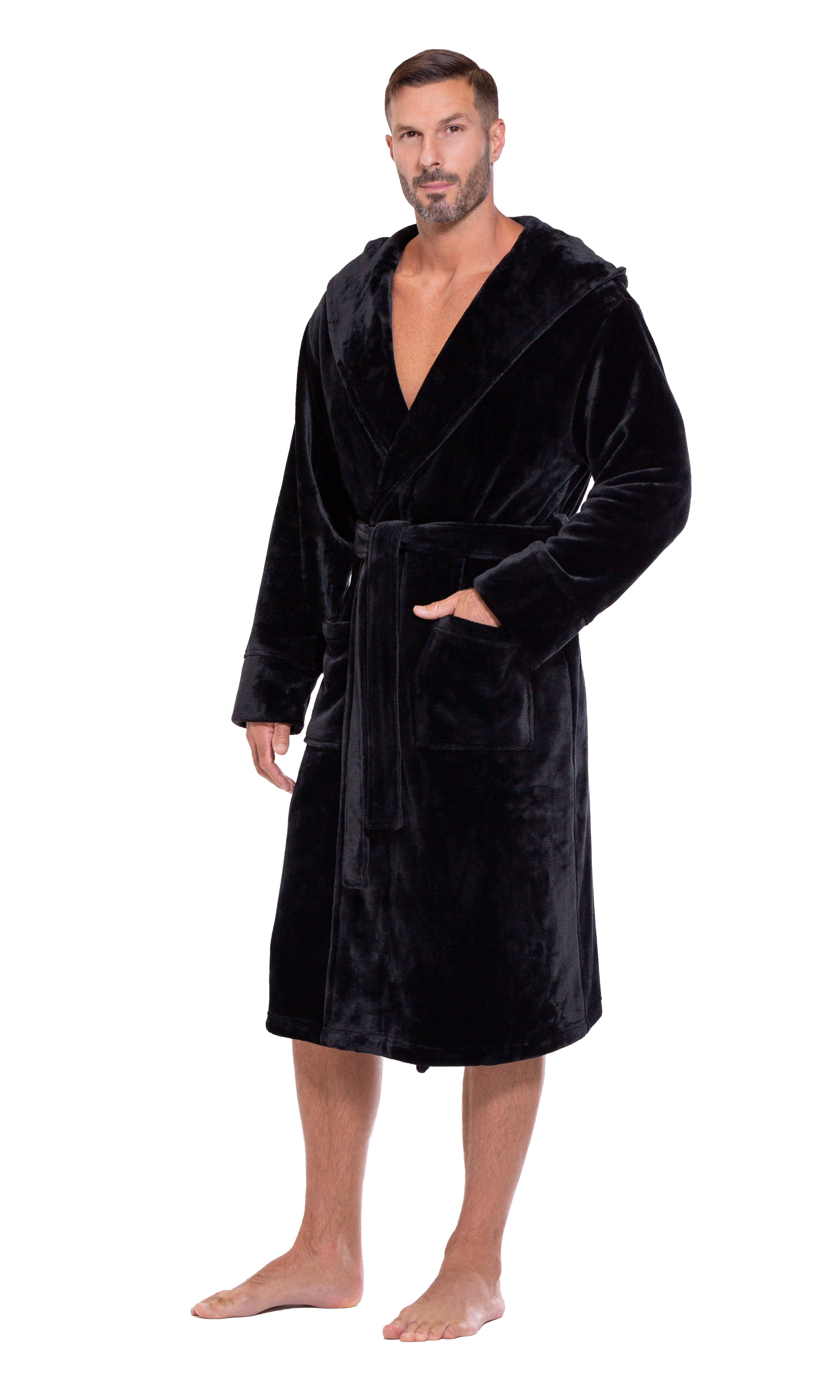 NY Threads Mens Hooded Fleece Robe - Plush Long Bathrobes, Black,  Small-Medium at  Men's Clothing store