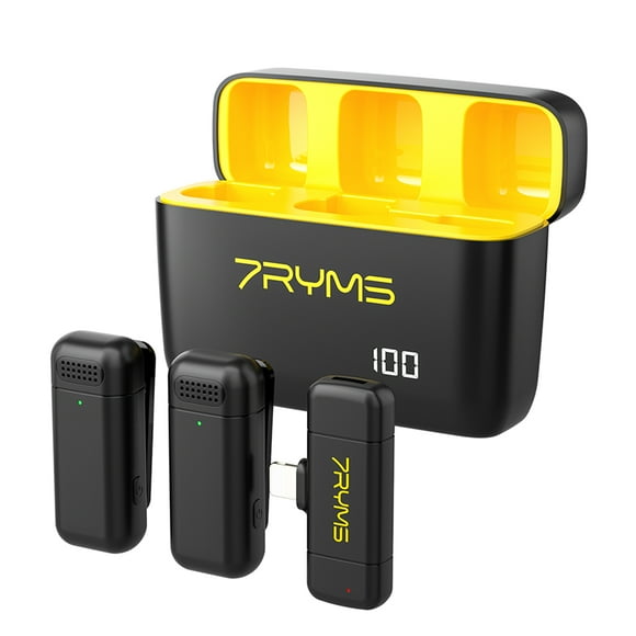 7RYMS Rimo S1LN Wireless Microphone System with 1 Receiver & 2 Microphones 50M Transmission Range Built-in Battery with Charging Case Replacement for iPhone Smartphones Computer Laptop Camera for