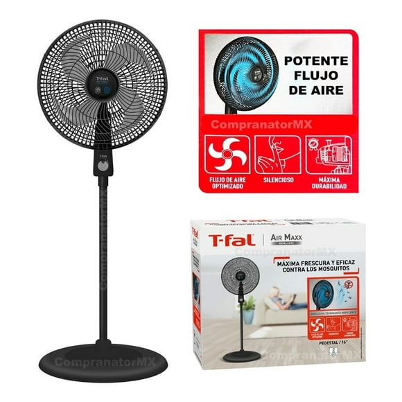 Ventilador T-FAL Air Maxx Sistema Repelente De 43 CM De Diámetro Con 4 Aspas Y 3 Velocidades Para Piso De Pie Con Pedestal