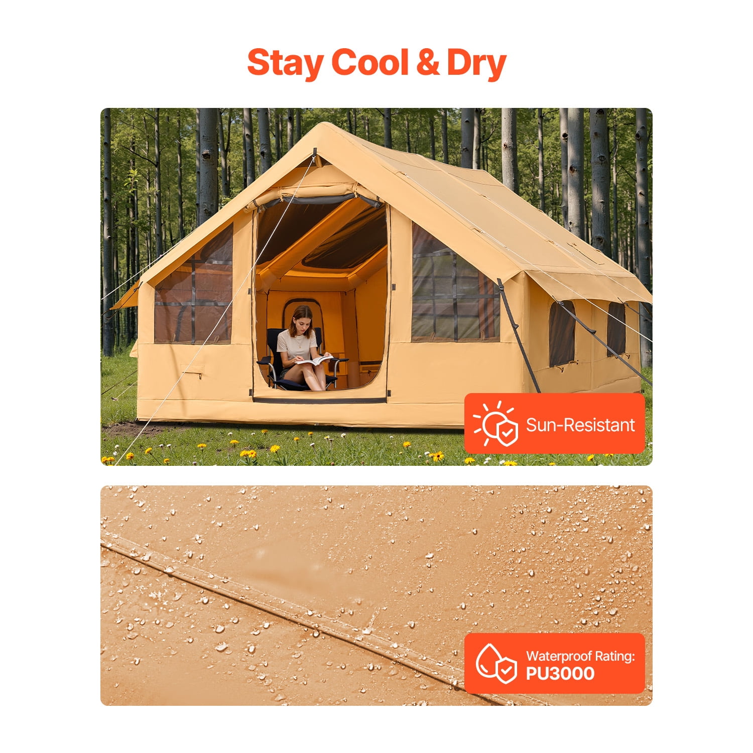 KFFKFF Inflatable Camping Tent for 5-8 Person, 13.12 x 9.84 x 7.22 Ft Oxford Fabric Glamping Blow up Tent with Hand Pump, Waterproof Air Tent with Dual Sunroofs, Stove Jack