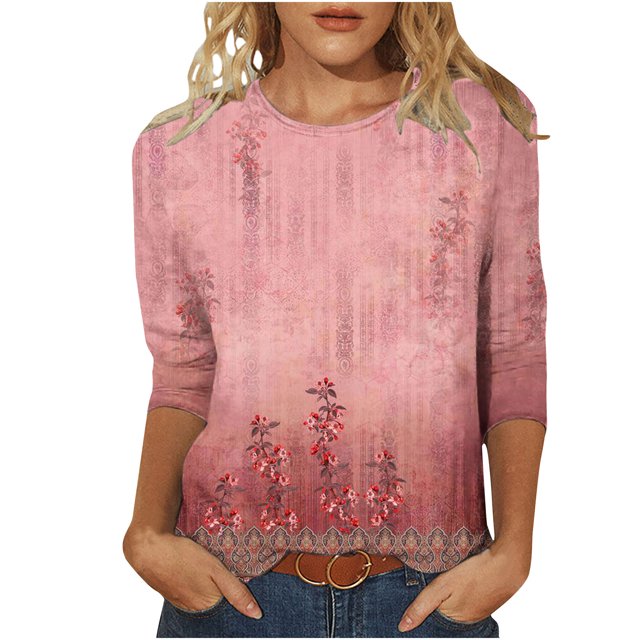 Pompotops T-shirt Ample Imprimé Mode Femme Manches 3/4 Blouse Col Rond Hauts Décontractés Liquidation