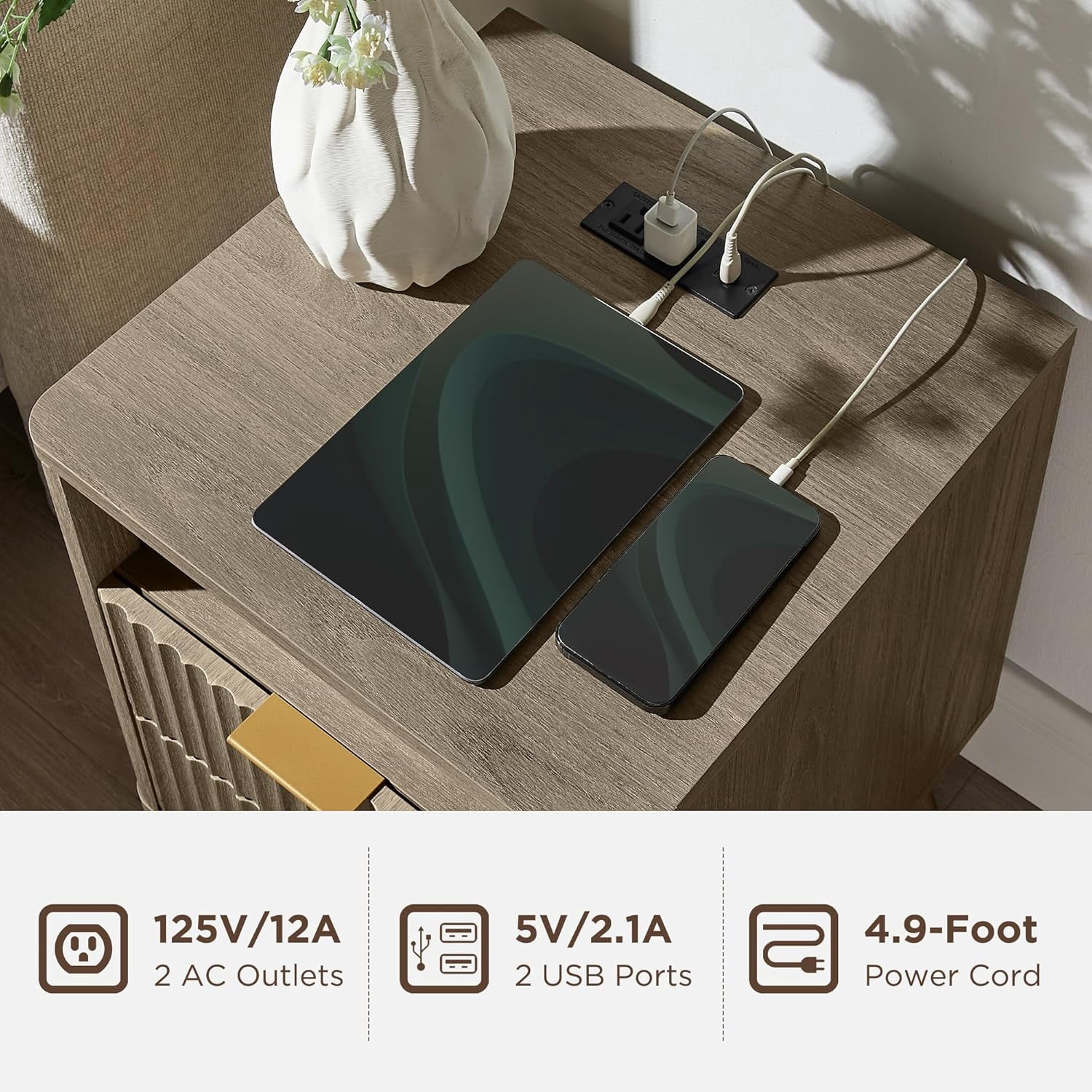 KeyWhat Modern Nightstand with Charging Station, Mid-Century Wood End Table Side Table for Living Room, Fluted Panel, Grey Alder