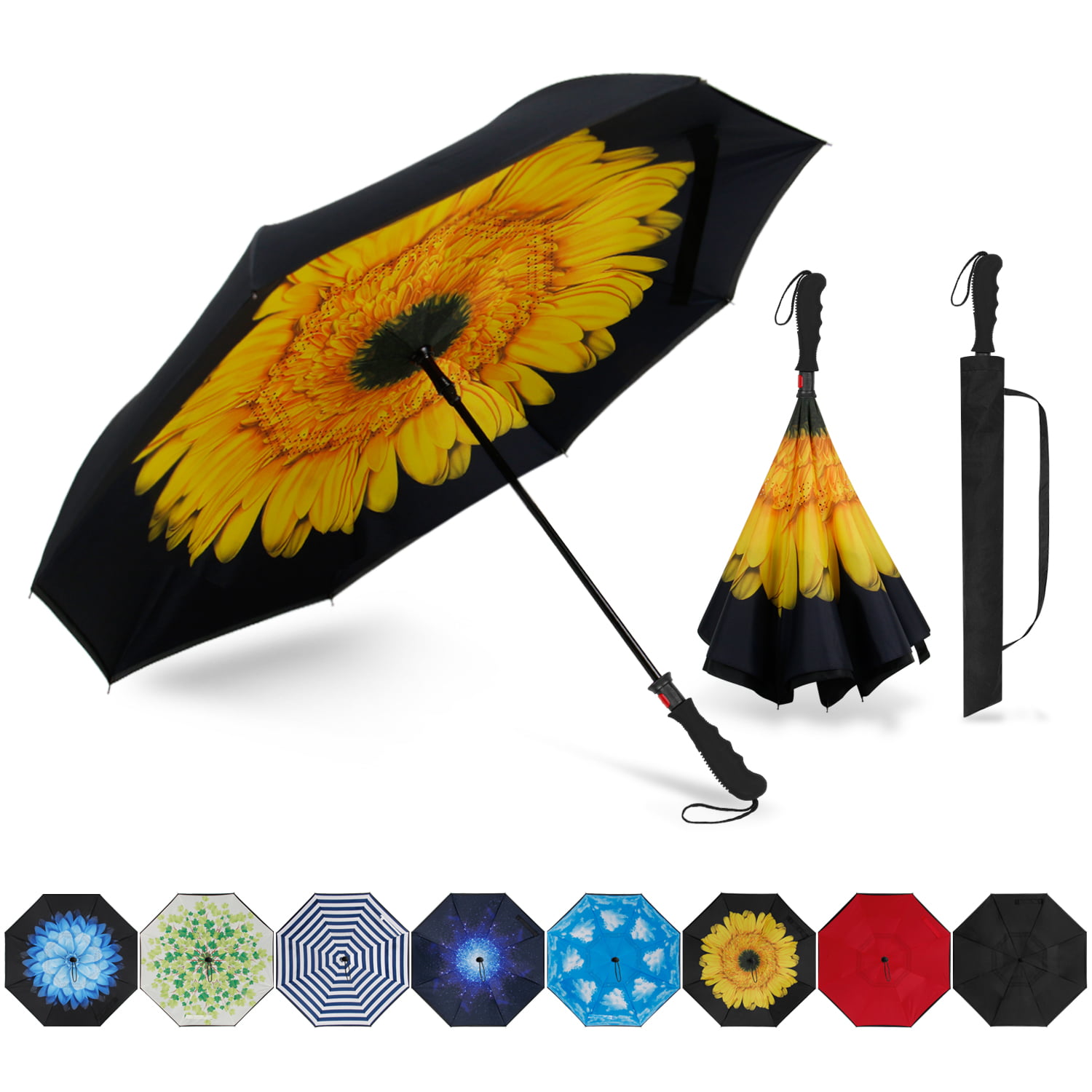FUNTRESS Windproof Compact Umbrella For Woman,UV Protection Car Umbrella ，Big Stick Upside Down Umbrella with Double Layer Canopy Cherry Blossoms 