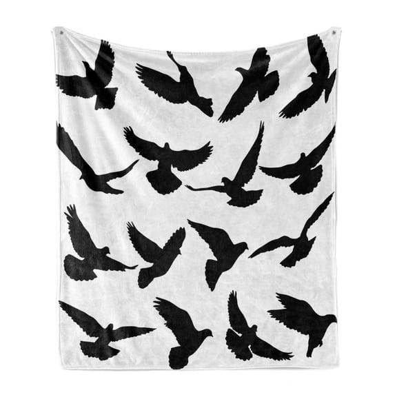 Silhouette Soft Flannel Fleece Throw Blanket, Monochrome Birds Flying Peace Love Animal Shade Illustration, Cozy Plush for Indoor and Outdoor Use, 50" x 70", Charcoal Grey and White, by Ambesonne