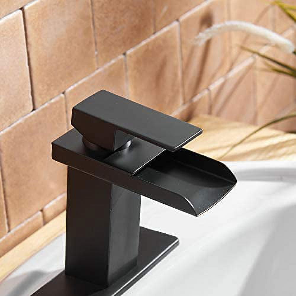 BWE Bathroom Sink Faucet Oil Rubbed Bronze Waterfall with Pop Up Drain Assembly and Supply Line Single Handle Single Hole Bathroom Faucets Deck Mount Lavatory Mixer Tap Lead-Free