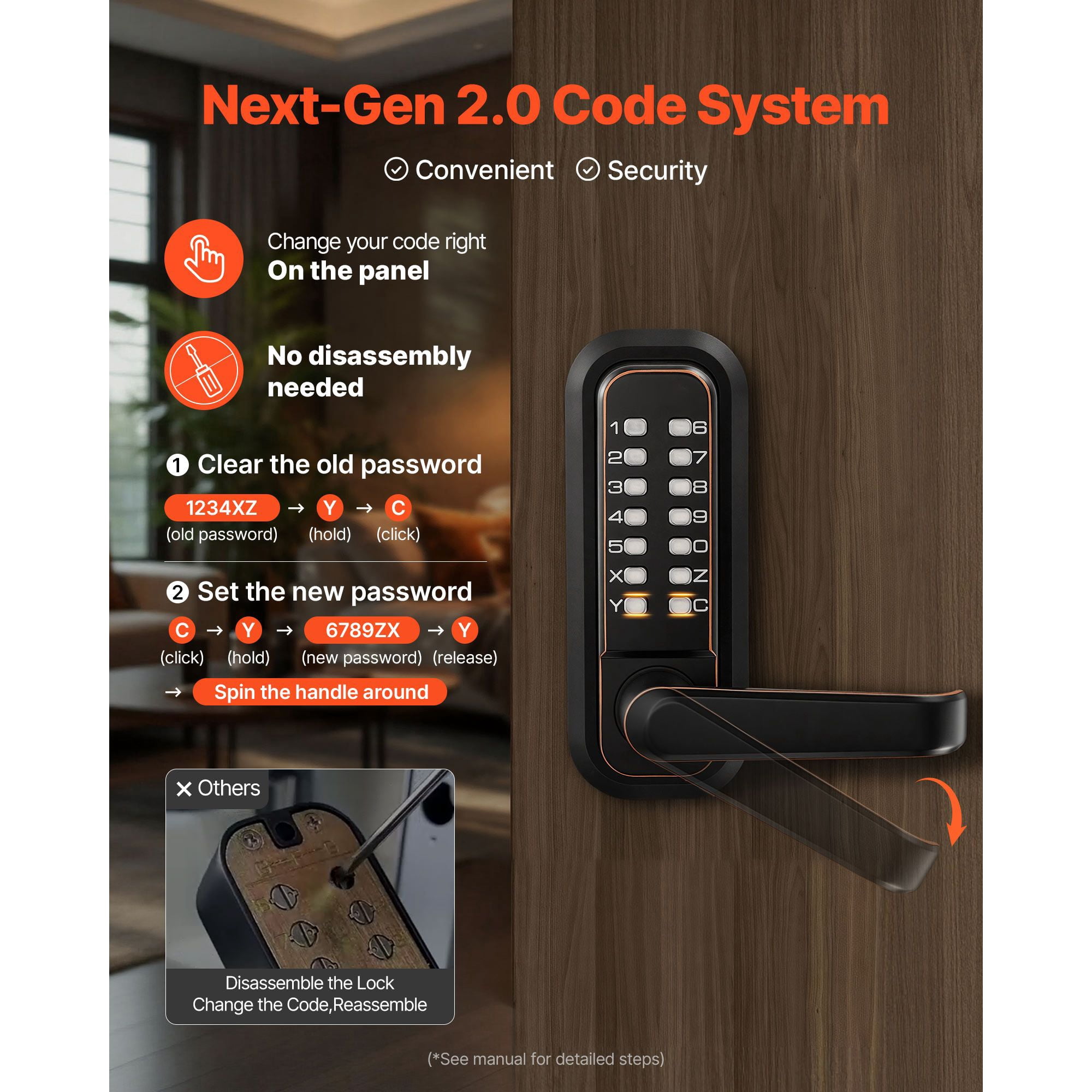 Mechanical Keyless Door Lock Gen2 Double-Sided 4-7 Digit Code No Batteries 1.4-2.5 Inch Door Thickness for Front Gate