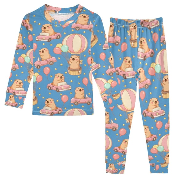 joogoo Cute Capybara on Truck 2 Piece Long Sleeve Tee and Pants Cotton Pajama Set 5Y