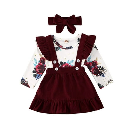 

luethbiezx Baby Girl Long Sleeve Floral Romper Jumpsuit Strap Skirts Dress