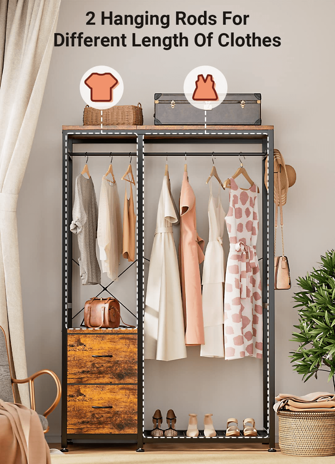  Lulive Clothes Rack, Heavy Duty Garment Rack for Hanging Clothes,  Industrial Clothing Racks with Shelves, 2 Fabric Drawers, 4 Hooks, 2 Hanging  Rods, Freestanding Closet Organizer (Modern) : Home & Kitchen