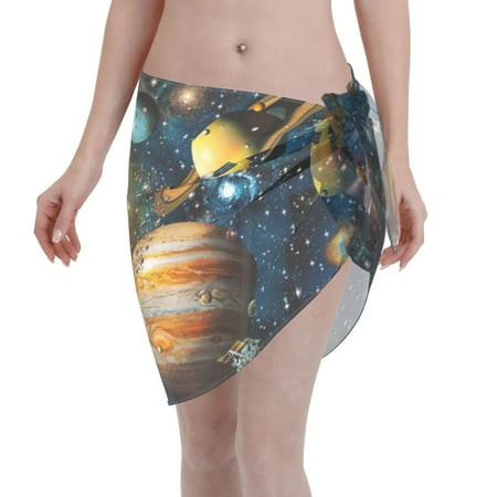 Adobk Women Beach Sarong Bathing Suit Space Planet Print Wrap Skirt Sheer Bikini Swimsuit Cover Ups For Swimwear