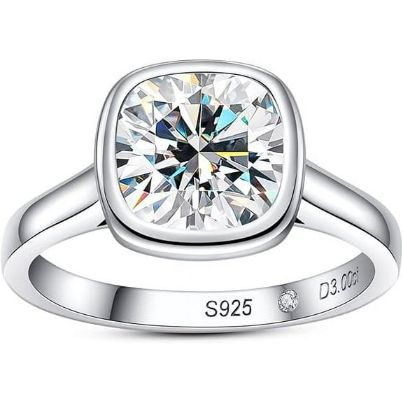 3 CT Moissanite Engagement Rings | Bezel Setting, 14K White Gold Plated Sterling Silver Solitaire Promise Rings