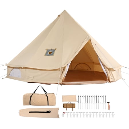 Canvas Bell Tent 7 m 22.97 ft 4 Season Yurt Camping Tent with Stove Jack TC Cotton Blend Mesh Windows Ground Mat and Carry Bags Spacious Shelter for Family Camping Hunting and Outdoor Parties