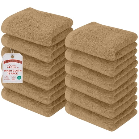 RIVERSIDE 12 Pack Luxury Washcloths 12x12 with Soft Cotton 400 GSM Quick Dry and Absorbent for Face & Body - Tan